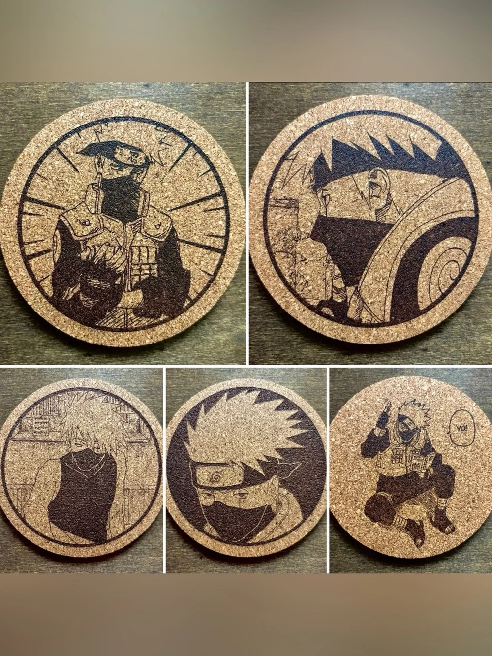 Naruto Kakashi Laser Engraved Cork Coasters Lot of 5